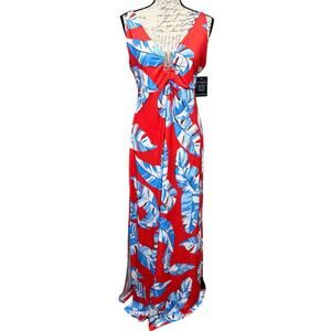 Boston Proper Summer Palms Maxi Dress Size L Red Blue Knit Adjustable Straps NWT